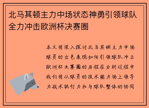 北马其顿主力中场状态神勇引领球队全力冲击欧洲杯决赛圈