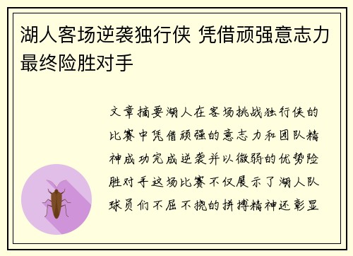 湖人客场逆袭独行侠 凭借顽强意志力最终险胜对手