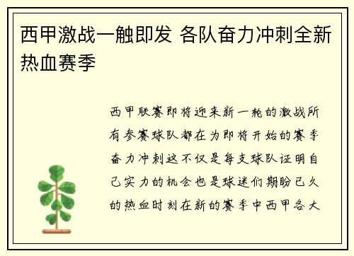 西甲激战一触即发 各队奋力冲刺全新热血赛季